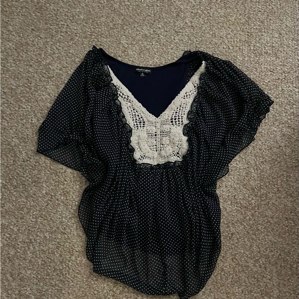 Chic Navy Blouse with Lace Accents
